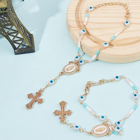 2pcs Car Rosary for Rearview Mirror Evil Eye Beads Cross Hanging Decoration Lucky Pendant for Car Interior Decoration Gift Giving Clothing Accessories Worship Amulet Bracelet in Saudi Arabia