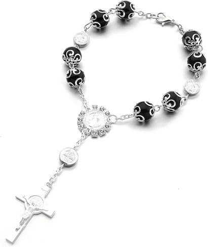 2 PCS Car Rosary for Rearview Mirror, Personalized Cross Blessing Rosary Beads Hanging Ornament, Auto Rear View Mirror Medal Cross Religious Charm Pendant for Women Men (Silver+Black) in Saudi Arabia
