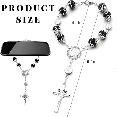 2 PCS Car Rosary for Rearview Mirror, Personalized Cross Blessing Rosary Beads Hanging Ornament, Auto Rear View Mirror Medal Cross Religious Charm Pendant for Women Men (Silver+Black) in Saudi Arabia