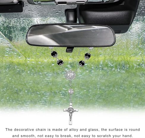 2 PCS Car Rosary for Rearview Mirror, Personalized Cross Blessing Rosary Beads Hanging Ornament, Auto Rear View Mirror Medal Cross Religious Charm Pendant for Women Men (Silver+Black) in Saudi Arabia