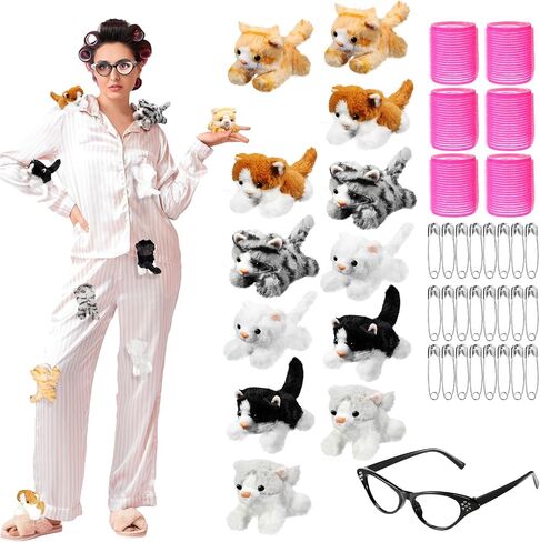 Libima 19 Pcs Halloween Women Costume Accessories Stuffed Cat Kitten Plush Pajamas Set Hair Rollers Curlers and Sunglasses in Saudi Arabia