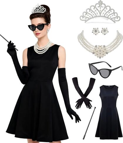 7 pcs 1920s Women's black dress with Pearl Necklace Earrings Gloves Sunglasses for Halloween Costume Cosplay Outfit in Saudi Arabia
