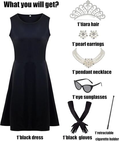 7 pcs 1920s Women's black dress with Pearl Necklace Earrings Gloves Sunglasses for Halloween Costume Cosplay Outfit in Saudi Arabia