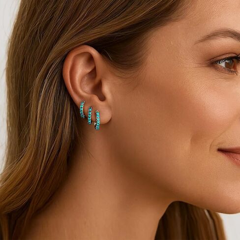 316L Surgical Steel Turquoise Huggie Hoop Earrings Set,Dainty Small Cute Silver Cartilage Earring for Multiple Piercing, Hypoallergenic for Women Men in Kuwait