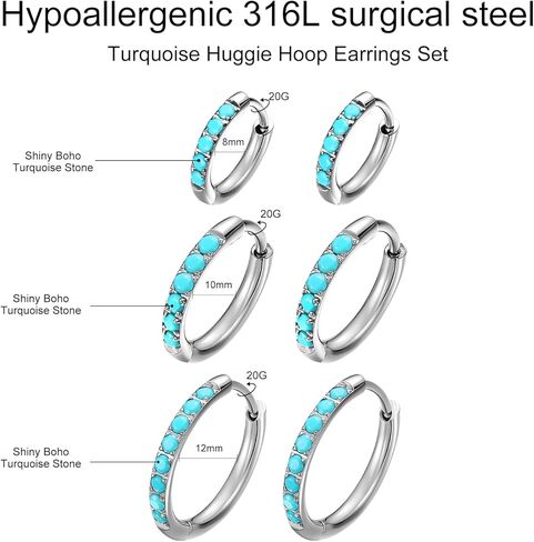 316L Surgical Steel Turquoise Huggie Hoop Earrings Set,Dainty Small Cute Silver Cartilage Earring for Multiple Piercing, Hypoallergenic for Women Men in Kuwait