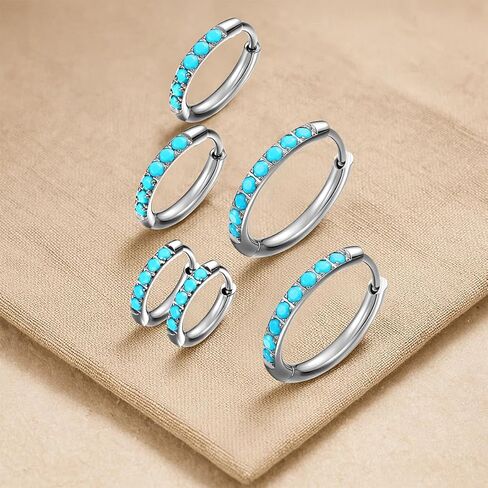 316L Surgical Steel Turquoise Huggie Hoop Earrings Set,Dainty Small Cute Silver Cartilage Earring for Multiple Piercing, Hypoallergenic for Women Men in Kuwait