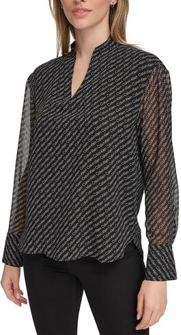 Calvin Klein Womens Logo Split Neck Blouse Black M in Saudi Arabia