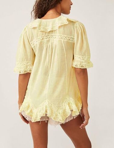 Women Y2k Short Sleeve Lace Blouse Boho Ruffle V Neck Button Down Shirt Asymmetrical Ruffle Hem Babydoll Tops in Kuwait
