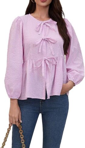 المرأة مخطط نفخة كم طويل بلايز بيبلوم بيبي دول التعادل الجبهة 2025 العصرية فضفاضة تناسب بلوزة قميص in Kuwait