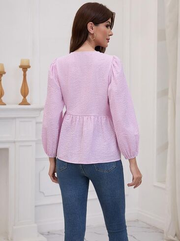 المرأة مخطط نفخة كم طويل بلايز بيبلوم بيبي دول التعادل الجبهة 2025 العصرية فضفاضة تناسب بلوزة قميص in Kuwait