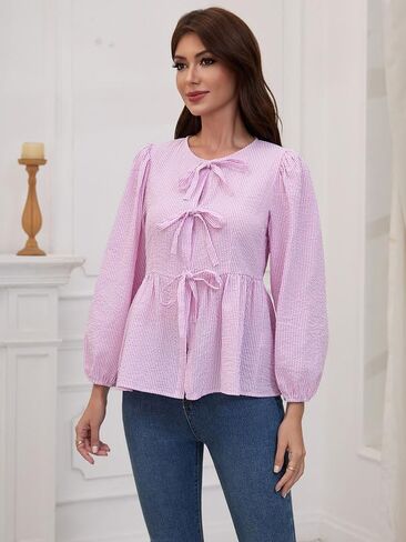 المرأة مخطط نفخة كم طويل بلايز بيبلوم بيبي دول التعادل الجبهة 2025 العصرية فضفاضة تناسب بلوزة قميص in Kuwait