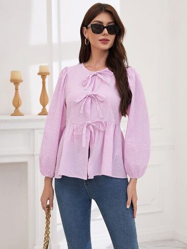 المرأة مخطط نفخة كم طويل بلايز بيبلوم بيبي دول التعادل الجبهة 2025 العصرية فضفاضة تناسب بلوزة قميص in Kuwait