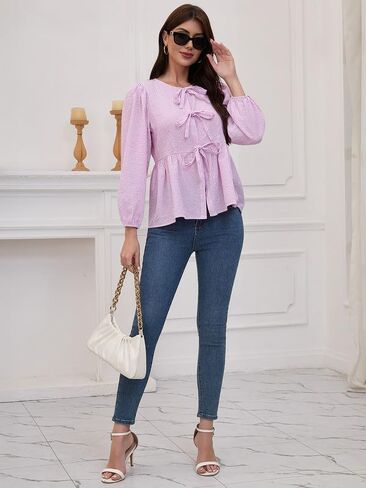 المرأة مخطط نفخة كم طويل بلايز بيبلوم بيبي دول التعادل الجبهة 2025 العصرية فضفاضة تناسب بلوزة قميص in Kuwait