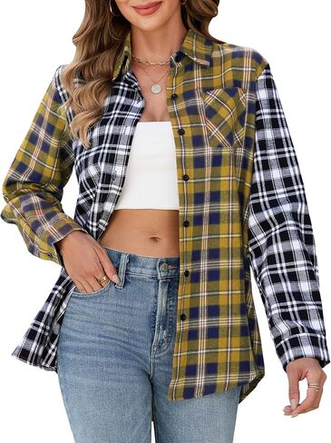 Womens Button Down Shirts Long Sleeve Plaid Shackets Business Casual Blouse Color Block Top in Saudi Arabia