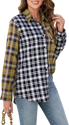 Womens Button Down Shirts Long Sleeve Plaid Shackets Business Casual Blouse Color Block Top in Saudi Arabia