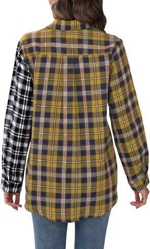 Womens Button Down Shirts Long Sleeve Plaid Shackets Business Casual Blouse Color Block Top in Saudi Arabia
