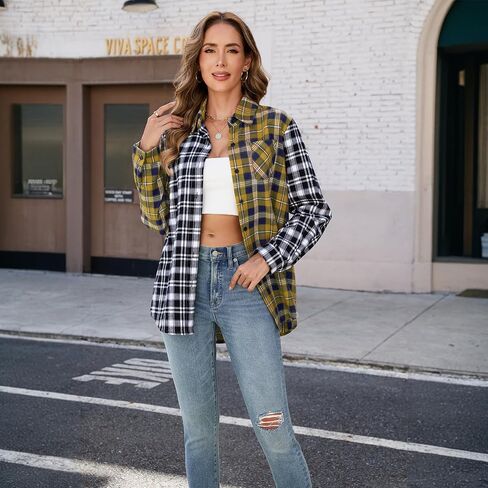 Womens Button Down Shirts Long Sleeve Plaid Shackets Business Casual Blouse Color Block Top in Saudi Arabia