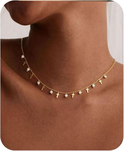 Cross Charm Choker Necklace For Women Pearl Silver Chain Dainty Trendy Small Pendant Non Tarnish Gemstone 18K Gold Plated Jewelry in Saudi Arabia