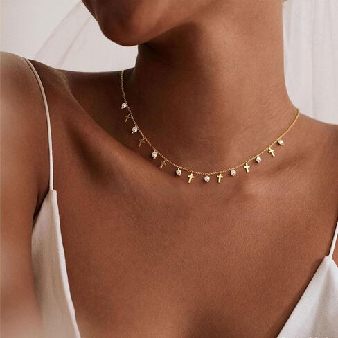 Cross Charm Choker Necklace For Women Pearl Silver Chain Dainty Trendy Small Pendant Non Tarnish Gemstone 18K Gold Plated Jewelry in Saudi Arabia