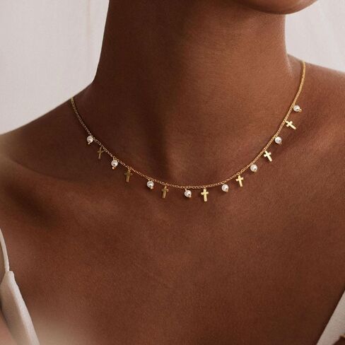 Cross Charm Choker Necklace For Women Pearl Silver Chain Dainty Trendy Small Pendant Non Tarnish Gemstone 18K Gold Plated Jewelry in Saudi Arabia