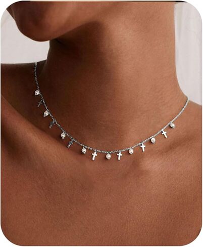 Cross Charm Choker Necklace For Women Pearl Silver Chain Dainty Trendy Small Pendant Non Tarnish Gemstone 18K Gold Plated Jewelry in Saudi Arabia