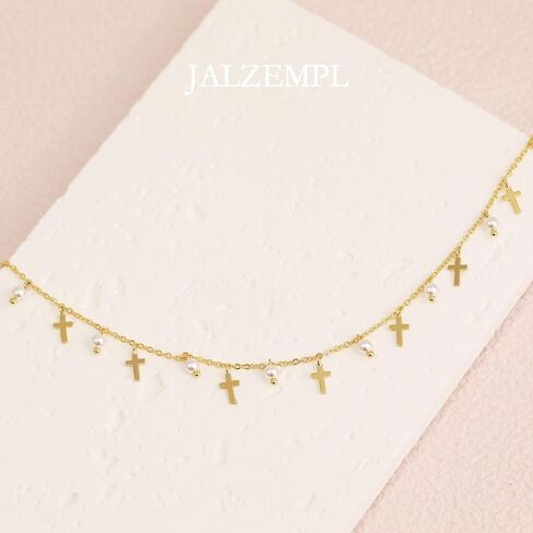 Cross Charm Choker Necklace For Women Pearl Silver Chain Dainty Trendy Small Pendant Non Tarnish Gemstone 18K Gold Plated Jewelry in Saudi Arabia