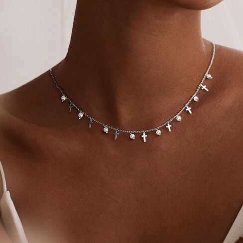 Cross Charm Choker Necklace For Women Pearl Silver Chain Dainty Trendy Small Pendant Non Tarnish Gemstone 18K Gold Plated Jewelry in Saudi Arabia