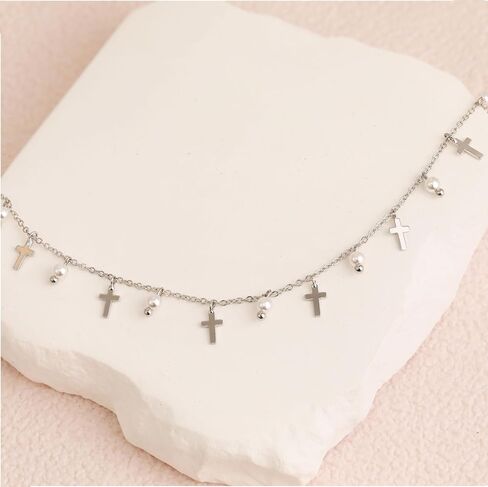 Cross Charm Choker Necklace For Women Pearl Silver Chain Dainty Trendy Small Pendant Non Tarnish Gemstone 18K Gold Plated Jewelry in Saudi Arabia