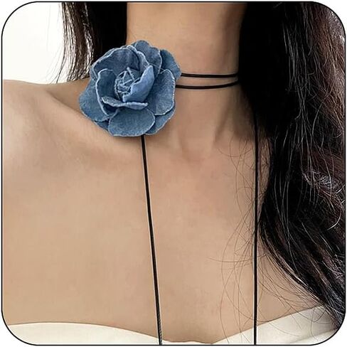 Bethynas Vintage Blue Denim Flower Choker Necklace Artificial Rose Floral Lace-up Necklace Long Wrap Leather Tie Neck Accessories for Bridal Summer Party for Women in Saudi Arabia