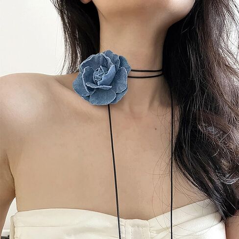 Bethynas Vintage Blue Denim Flower Choker Necklace Artificial Rose Floral Lace-up Necklace Long Wrap Leather Tie Neck Accessories for Bridal Summer Party for Women in Saudi Arabia