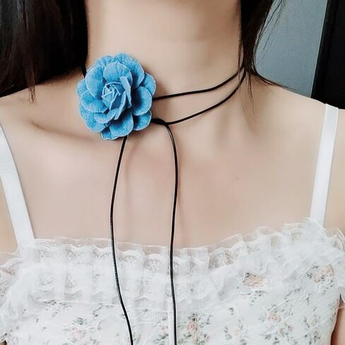 Bethynas Vintage Blue Denim Flower Choker Necklace Artificial Rose Floral Lace-up Necklace Long Wrap Leather Tie Neck Accessories for Bridal Summer Party for Women in Saudi Arabia