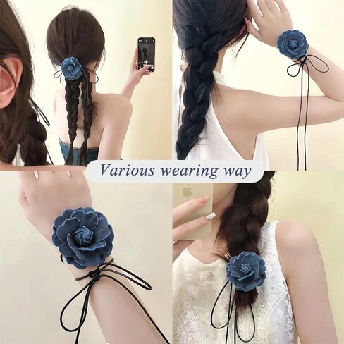 Bethynas Vintage Blue Denim Flower Choker Necklace Artificial Rose Floral Lace-up Necklace Long Wrap Leather Tie Neck Accessories for Bridal Summer Party for Women in Saudi Arabia