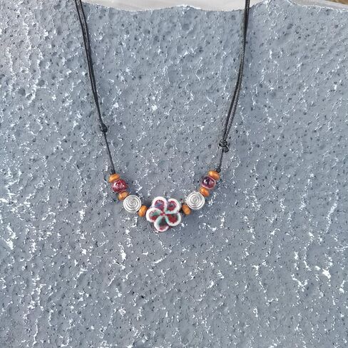 Ceramic Boho Necklace Beaded Bohemian Necklace Flower Floral Spiral Swirl Y2K Hippie Whimsical Adjustable Black Rope Cord Choker Stacking Necklace For Women in Saudi Arabia