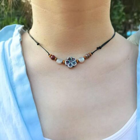 Ceramic Boho Necklace Beaded Bohemian Necklace Flower Floral Spiral Swirl Y2K Hippie Whimsical Adjustable Black Rope Cord Choker Stacking Necklace For Women in Saudi Arabia