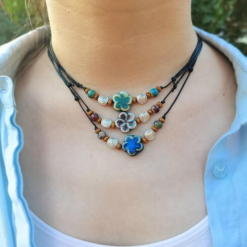 Ceramic Boho Necklace Beaded Bohemian Necklace Flower Floral Spiral Swirl Y2K Hippie Whimsical Adjustable Black Rope Cord Choker Stacking Necklace For Women in Saudi Arabia