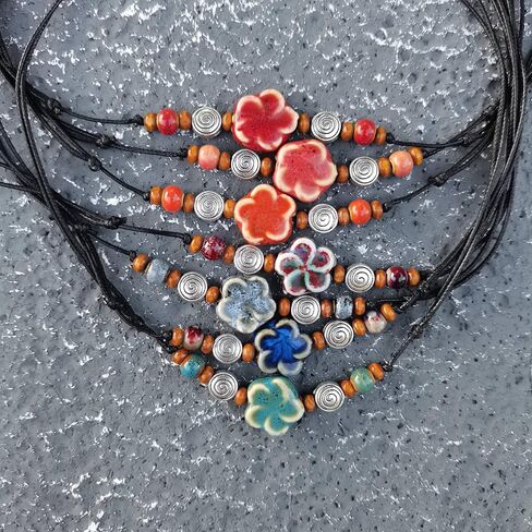 Ceramic Boho Necklace Beaded Bohemian Necklace Flower Floral Spiral Swirl Y2K Hippie Whimsical Adjustable Black Rope Cord Choker Stacking Necklace For Women in Saudi Arabia