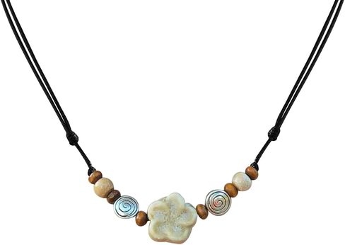 Ceramic Boho Necklace Beaded Bohemian Necklace Flower Floral Spiral Swirl Y2K Hippie Whimsical Adjustable Black Rope Cord Choker Stacking Necklace For Women in Saudi Arabia