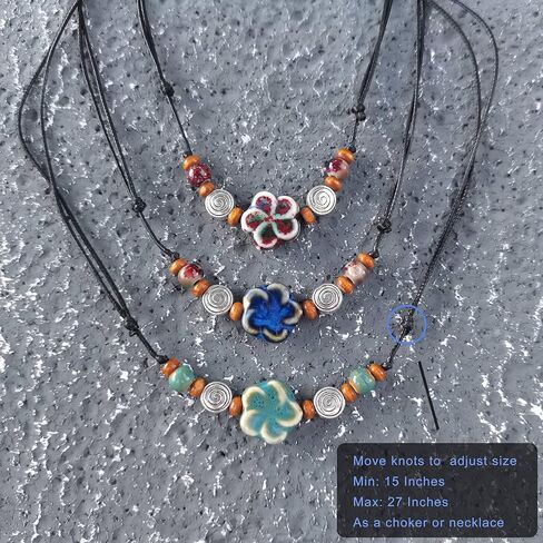Ceramic Boho Necklace Beaded Bohemian Necklace Flower Floral Spiral Swirl Y2K Hippie Whimsical Adjustable Black Rope Cord Choker Stacking Necklace For Women in Saudi Arabia