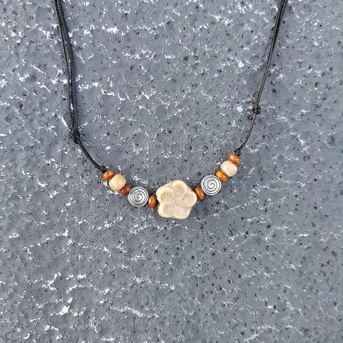 Ceramic Boho Necklace Beaded Bohemian Necklace Flower Floral Spiral Swirl Y2K Hippie Whimsical Adjustable Black Rope Cord Choker Stacking Necklace For Women in Saudi Arabia