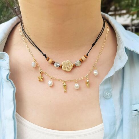 Ceramic Boho Necklace Beaded Bohemian Necklace Flower Floral Spiral Swirl Y2K Hippie Whimsical Adjustable Black Rope Cord Choker Stacking Necklace For Women in Saudi Arabia