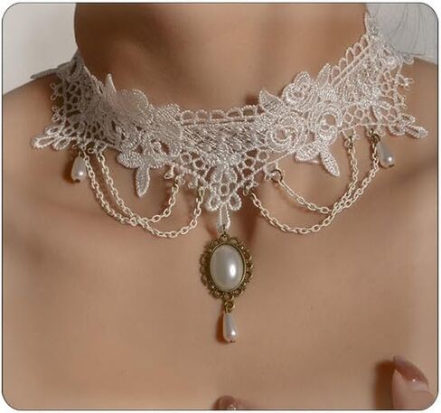 Gothic Black Lace Choker Necklace with Crystal Tassel Ruby Gemstone Charm Pendant Collar Necklace White Lace Bridal Accessories Halloween Punk Costume Jewelry in Saudi Arabia