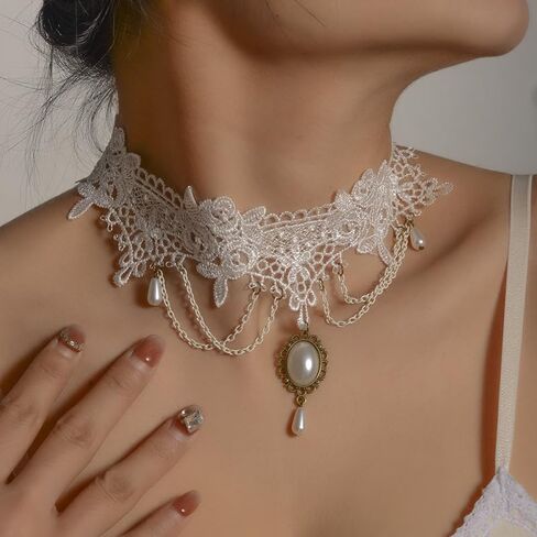 Gothic Black Lace Choker Necklace with Crystal Tassel Ruby Gemstone Charm Pendant Collar Necklace White Lace Bridal Accessories Halloween Punk Costume Jewelry in Saudi Arabia
