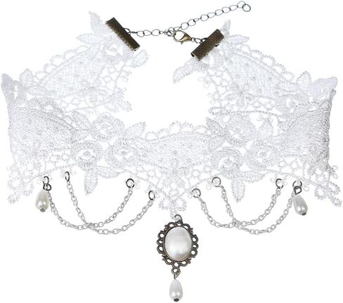 Gothic Black Lace Choker Necklace with Crystal Tassel Ruby Gemstone Charm Pendant Collar Necklace White Lace Bridal Accessories Halloween Punk Costume Jewelry in Saudi Arabia