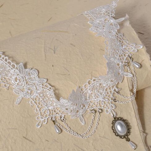 Gothic Black Lace Choker Necklace with Crystal Tassel Ruby Gemstone Charm Pendant Collar Necklace White Lace Bridal Accessories Halloween Punk Costume Jewelry in Saudi Arabia