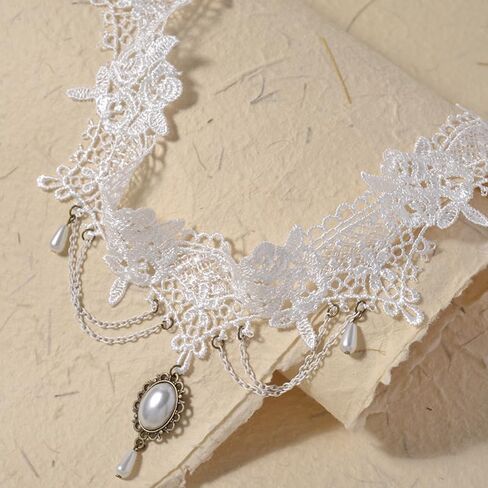 Gothic Black Lace Choker Necklace with Crystal Tassel Ruby Gemstone Charm Pendant Collar Necklace White Lace Bridal Accessories Halloween Punk Costume Jewelry in Saudi Arabia