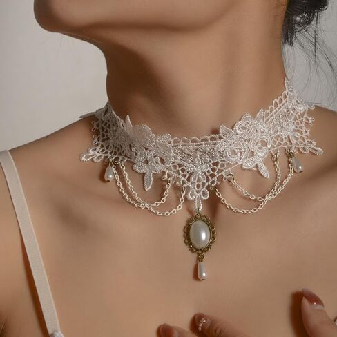 Gothic Black Lace Choker Necklace with Crystal Tassel Ruby Gemstone Charm Pendant Collar Necklace White Lace Bridal Accessories Halloween Punk Costume Jewelry in Saudi Arabia