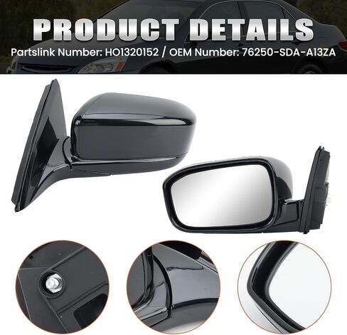 Right Passenger Side Mirror Compatible with Honda Accord 2003 2004 2005 2006 2007 Non-Heated Manual Folding Power Glass Door Mirrors Paintable Black Partslink #HO1321152 in Kuwait