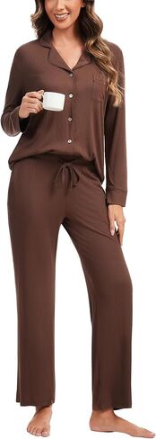 Women's Pajama Sets Long Sleeve Button Down Sleepwear Soft 2 Piece Pjs Ribbed Knit Lounge Set Nightwear in Saudi Arabia