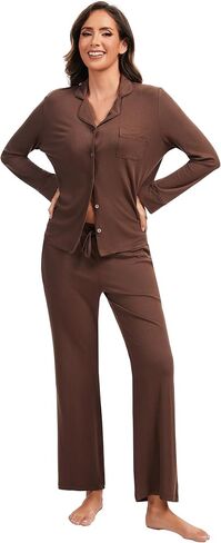 Women's Pajama Sets Long Sleeve Button Down Sleepwear Soft 2 Piece Pjs Ribbed Knit Lounge Set Nightwear in Saudi Arabia