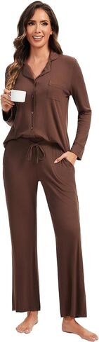Women's Pajama Sets Long Sleeve Button Down Sleepwear Soft 2 Piece Pjs Ribbed Knit Lounge Set Nightwear in Saudi Arabia